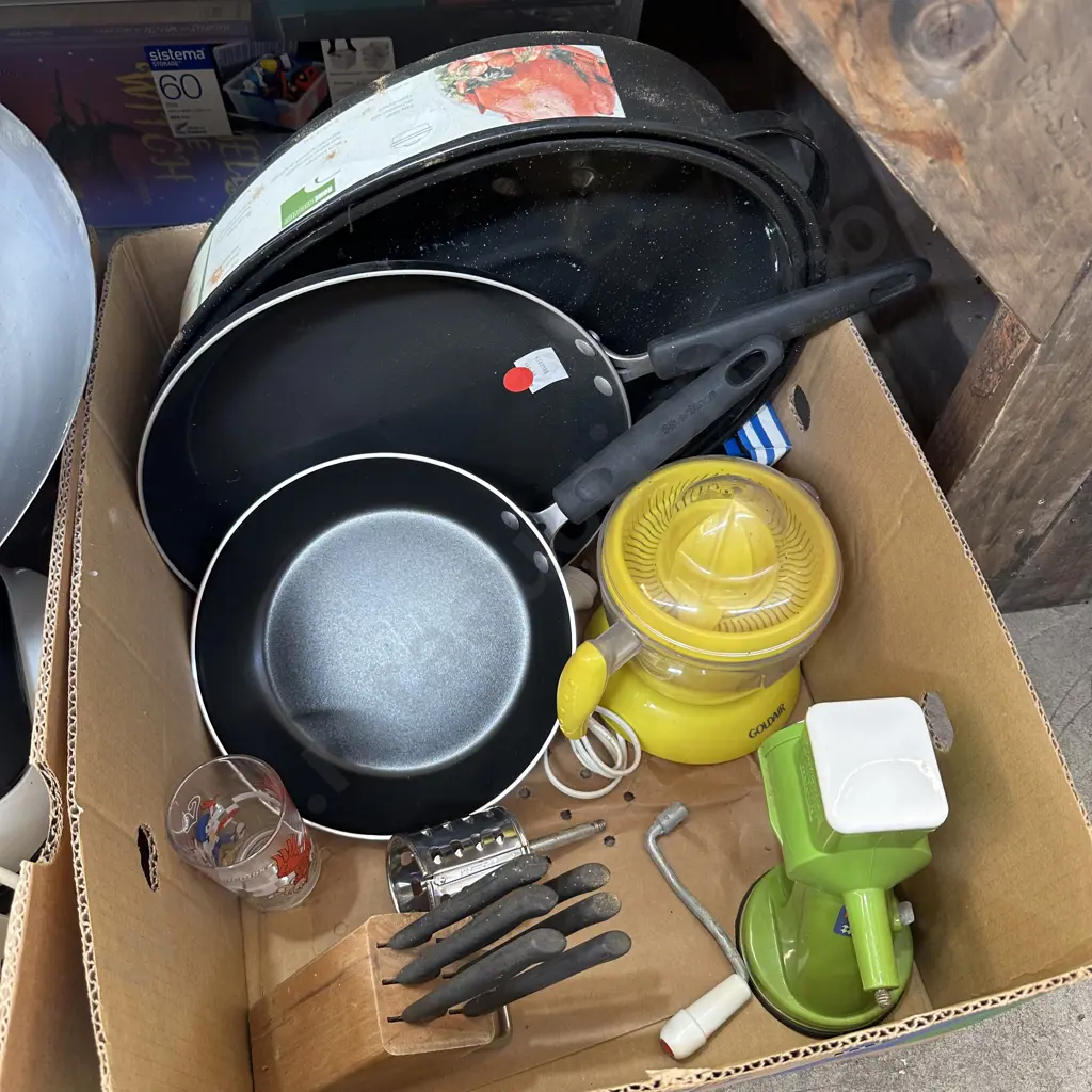 Box lot large roaster, two new non-stick fry pans etc. Image 1++