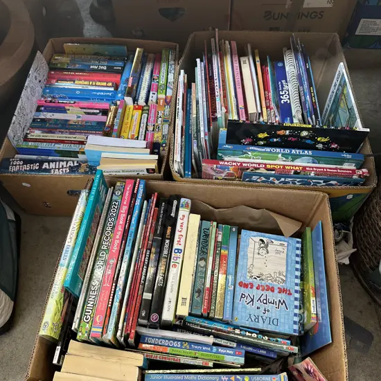 Three boxes of books including kids books.