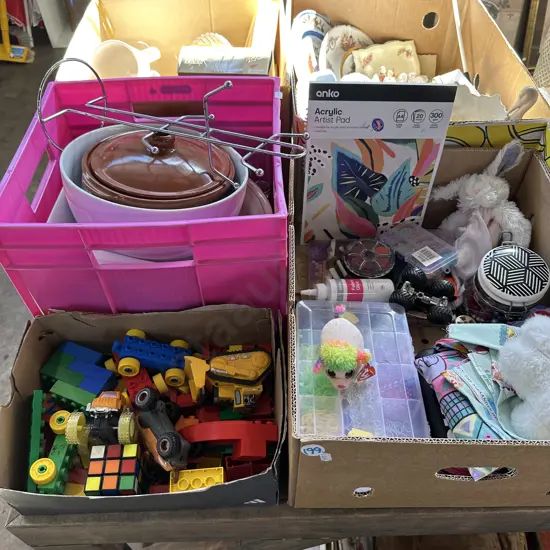 Bin of kitchenware, craft box and toys box including the original Rubiks cube.