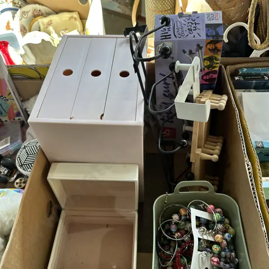 Plastic drawers, coat hooks, costume jewellery etc.