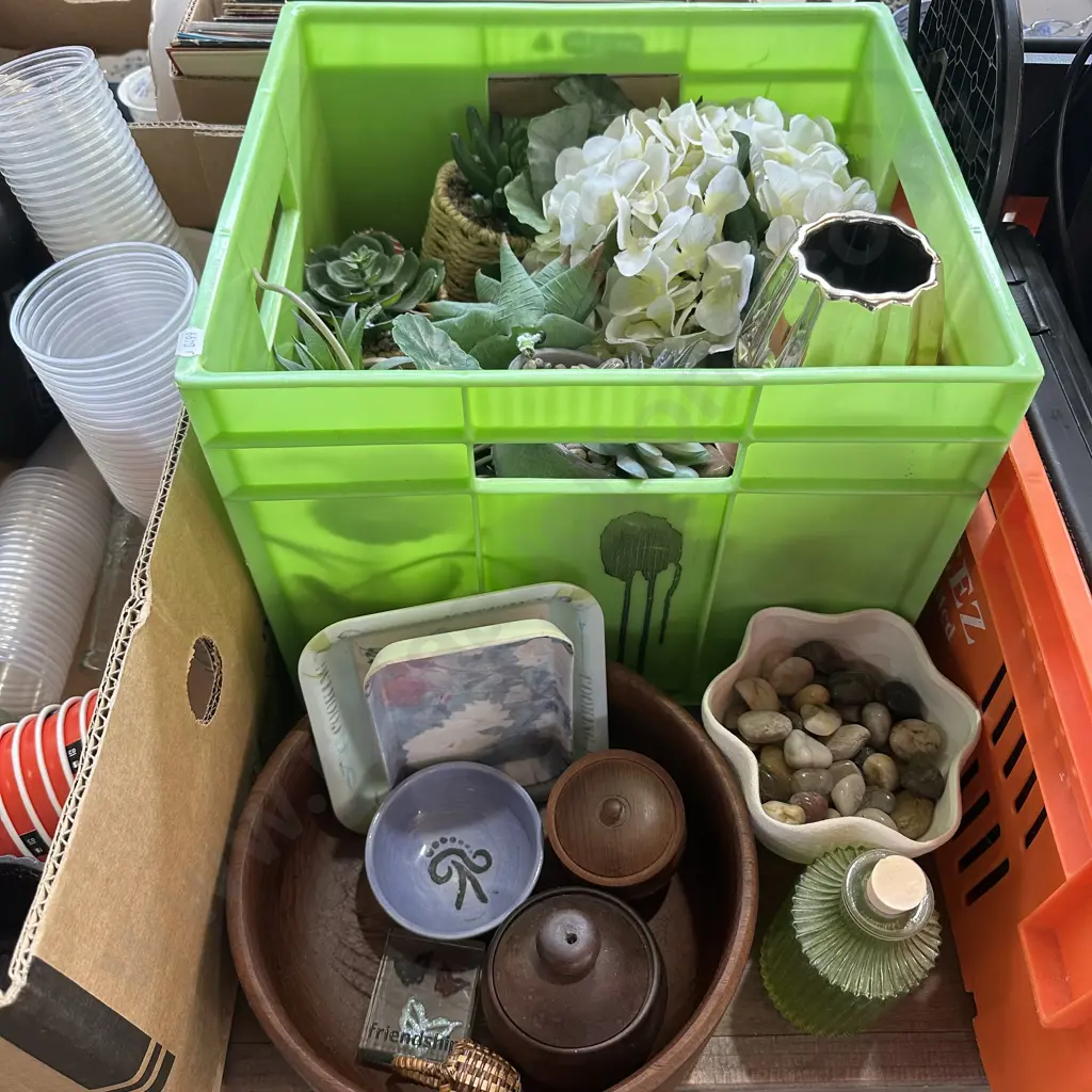 Bin of artificial plants, wooden bowl etc. Image 1++
