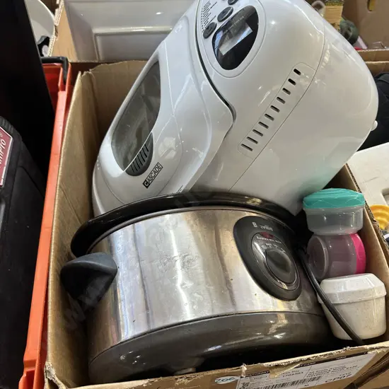 Box lot including bread maker and slow cooker.