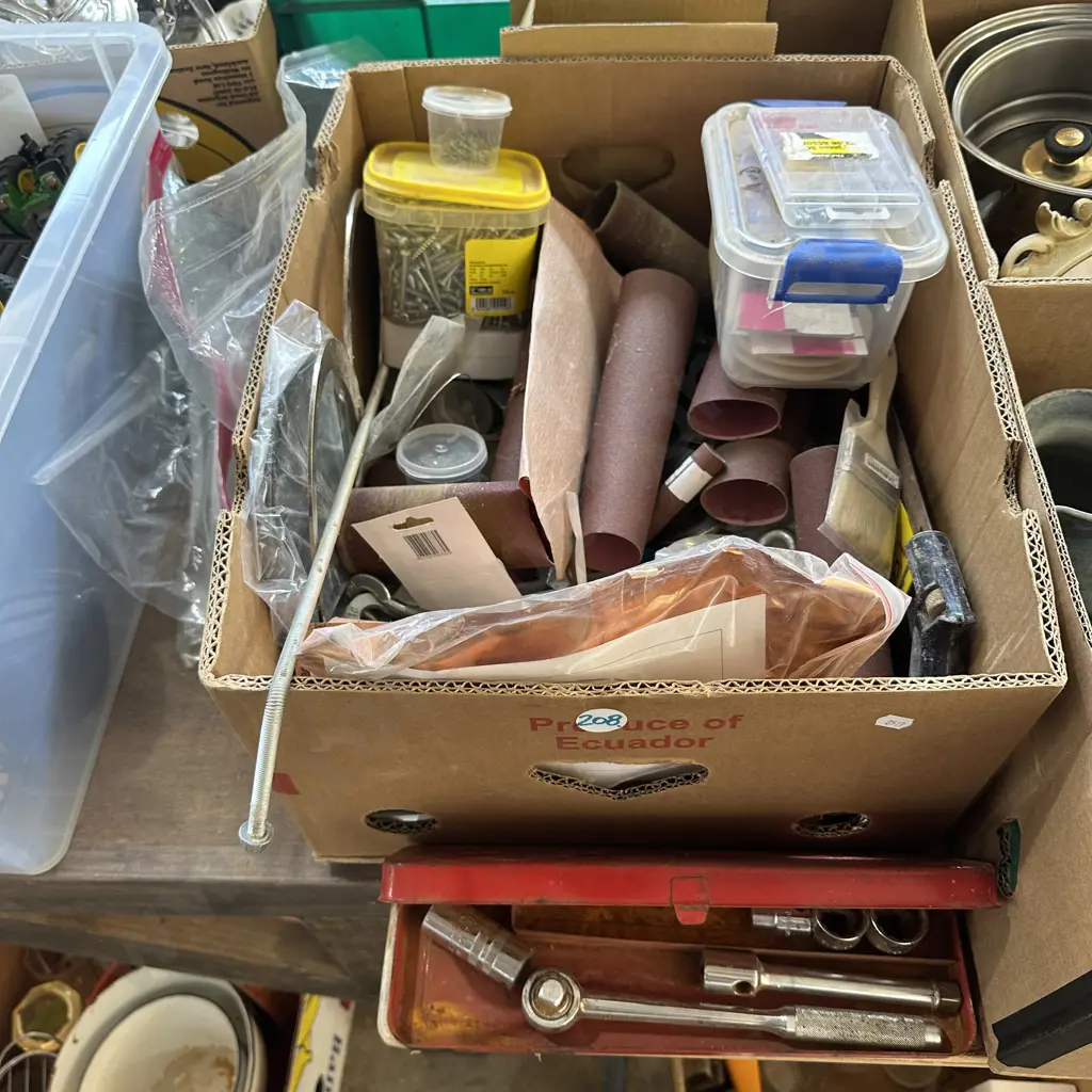 Box of hardware, sandpaper and tools. Image 1++