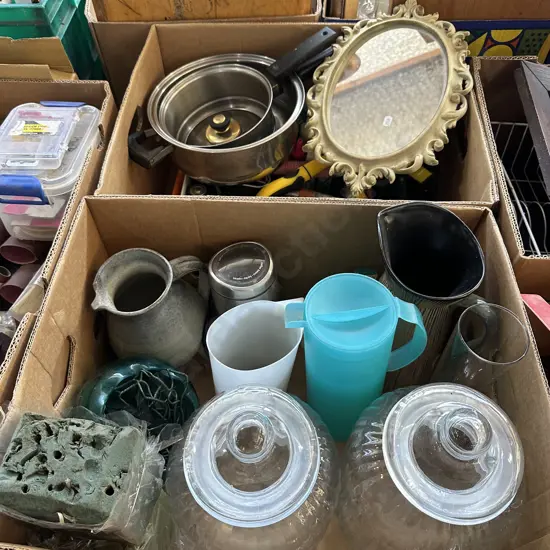 Two boxes coffee grinder, cookie jars, mirror etc.