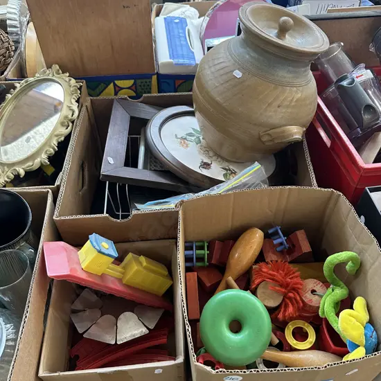 Three boxes of kids blocks, frames and pot etc.