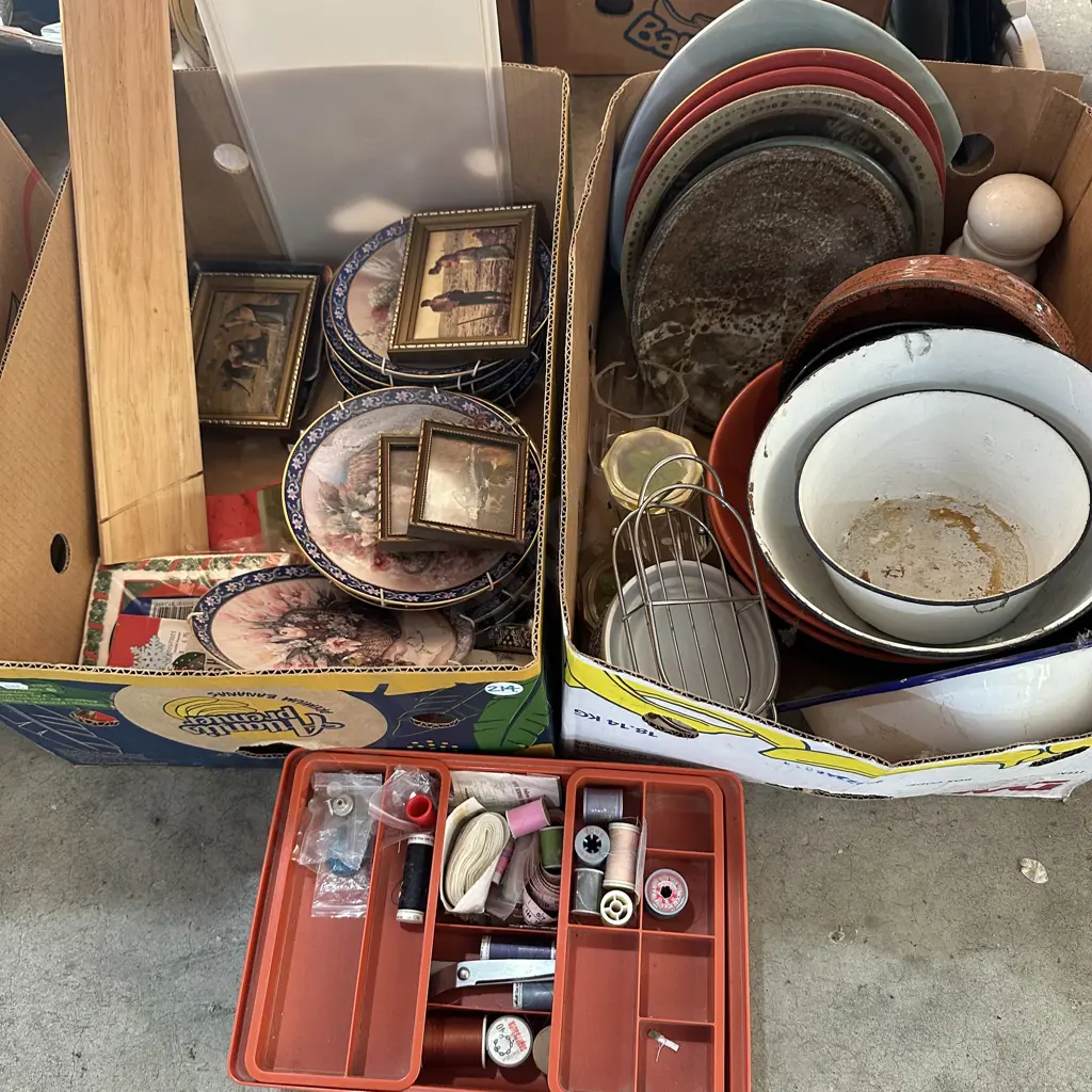 Two boxes enamelware, plates and sewing items etc. Image 1++