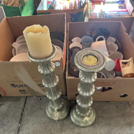 Two boxes plates, cups plus a pair of candle holders.