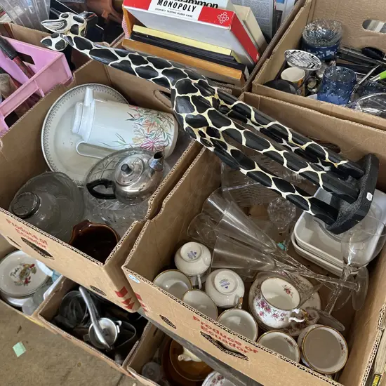 Two boxes glasses and decanter, giraffe 730mm tall