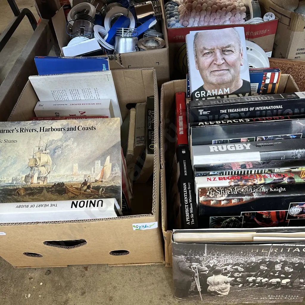 Two boxes of books including rugby books. Image 1++
