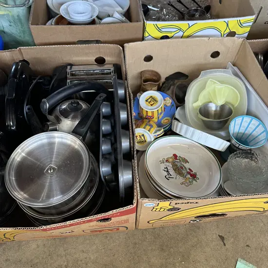 Two boxes of pots and kitchenware
