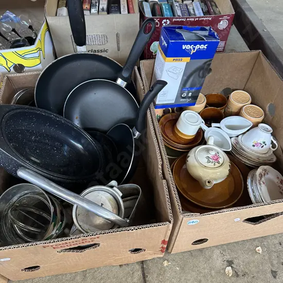 Two boxes small roaster, new non-stick frying pans and chinaware etc.