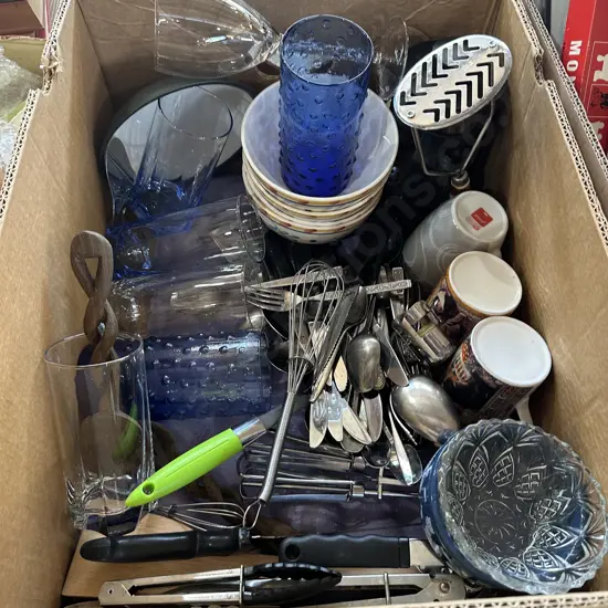 Box of cutlery and utensils, plates and glasses etc.