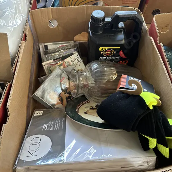 Box with new single sheet set, new socks, CDs, 2L of new oil, vase etc.