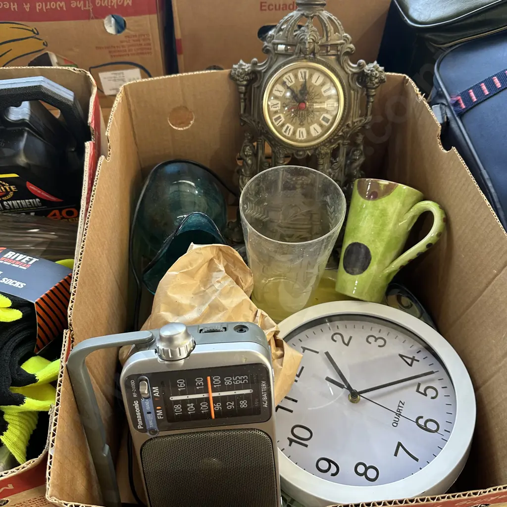 Box lot with large platter, clocks, vases and radio etc. Image 1++
