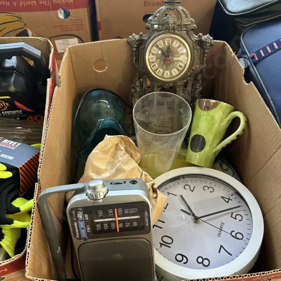 Box lot with large platter, clocks, vases and radio etc.