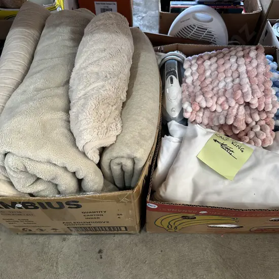 Two boxes Bath mats, iron, Californian King sheet set and blankets etc.