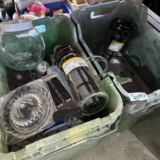 Two apple crates of cups, iced tea jugs etc.