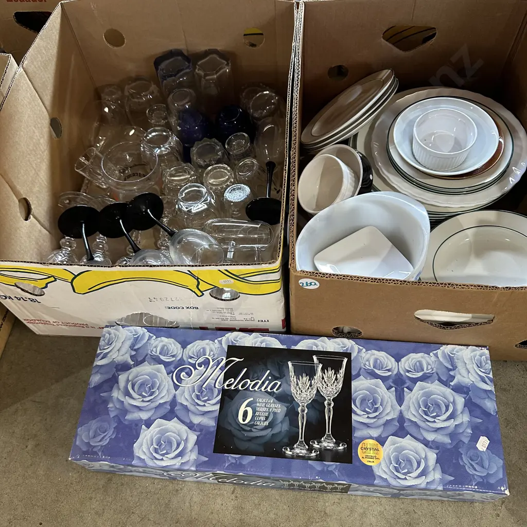 Two boxes of plates and glasses, boxed crystal glasses. Image 1++