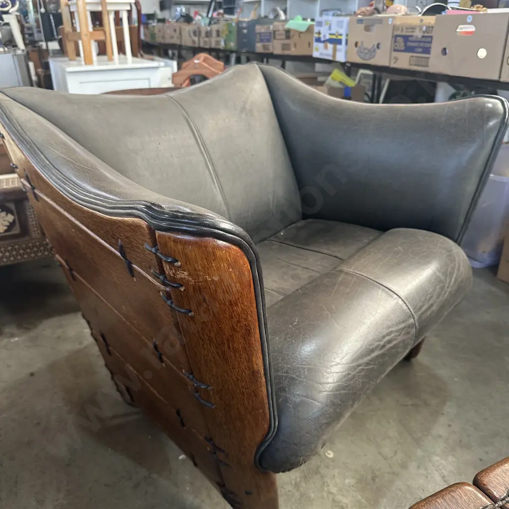 Pr Pacific Island made Coconut wood & Water Buffalo hide chairs Image 1++