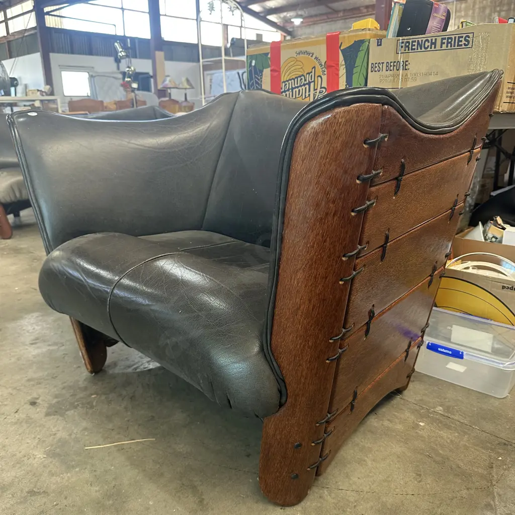 Pr Pacific Island made Coconut wood & Water Buffalo hide chairs Image 1++