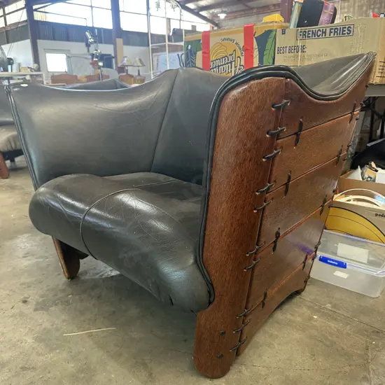 Pr Pacific Island made Coconut wood & Water Buffalo hide chairs