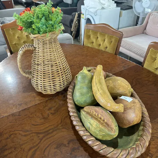 Pottery platter & fruit plus large wicker vase