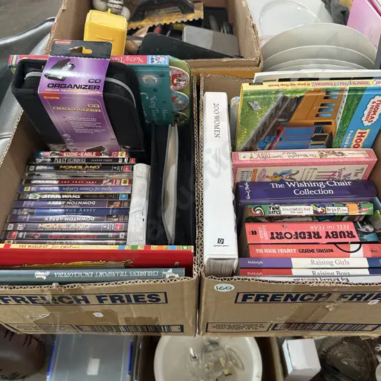 Two boxes  of books and DVD movies etc.
