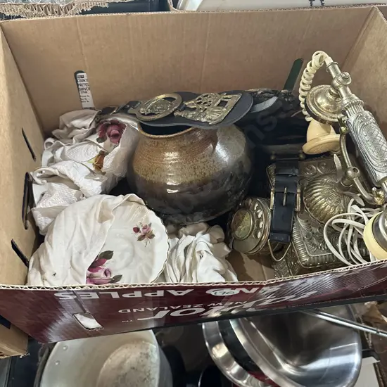 Box lot including English china, telephone and horse brass etc.