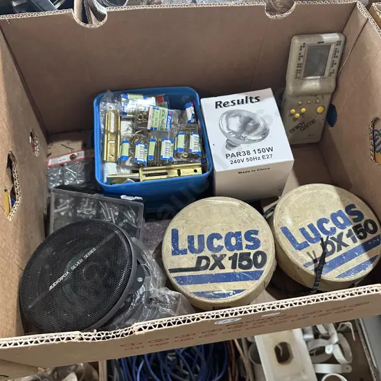Box of hardware, lamps and brick game etc.