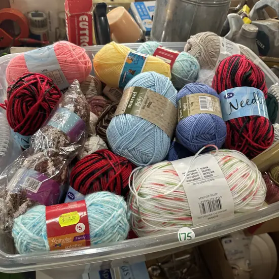 Large bin full of wool, acrylic and knitting yarn etc.