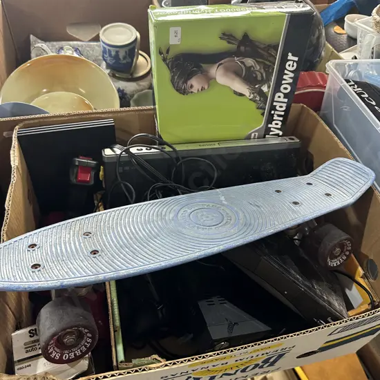DVD player, freeview boxes, PS2, vintage skateboard etc.