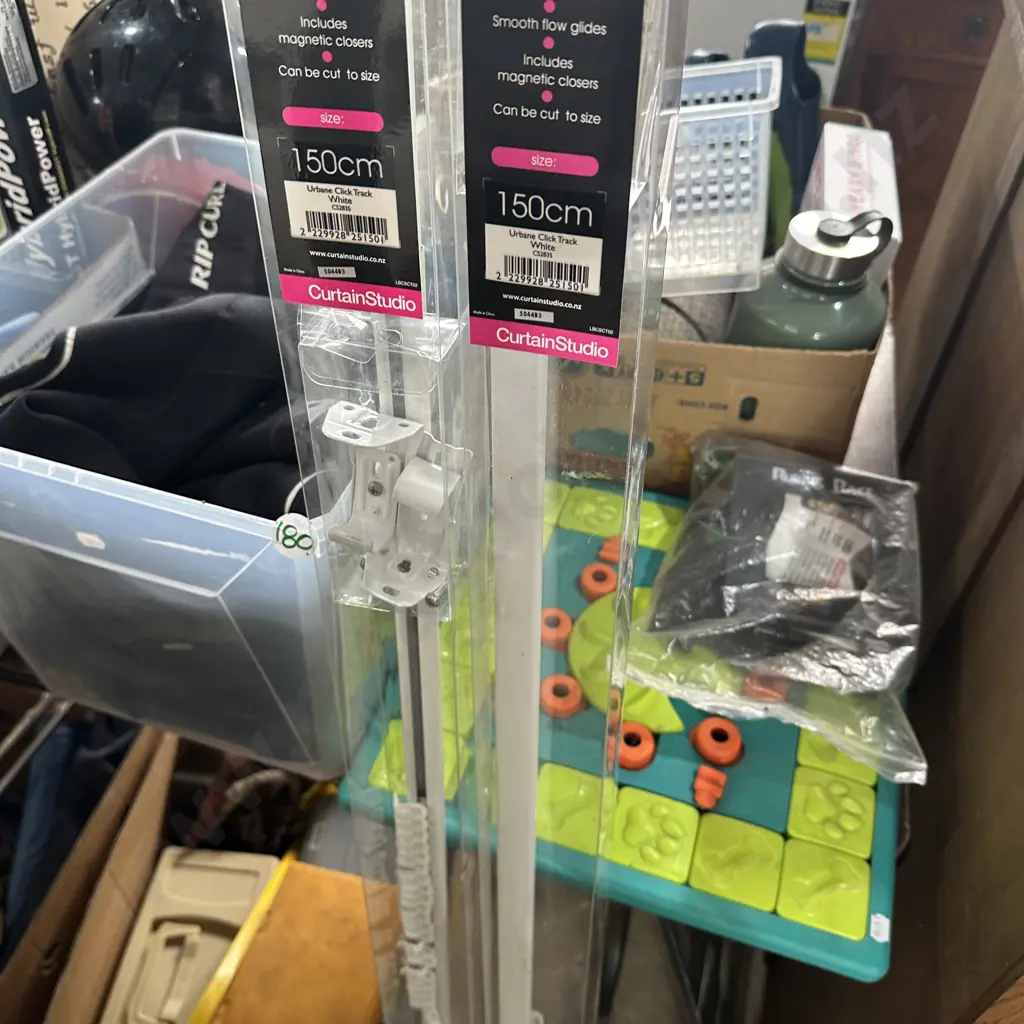 Bin of Dive gear, Rubiks Race and dog toy and curtain rails (used) Image 1++