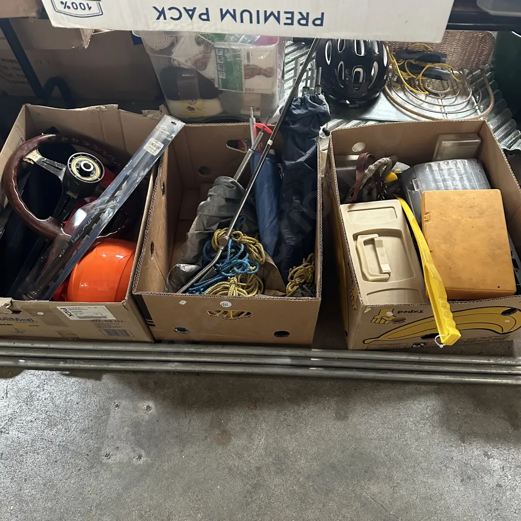 Three boxes including tool boxes, tackle boxes, tent poles and car accessories etc. Image 1++