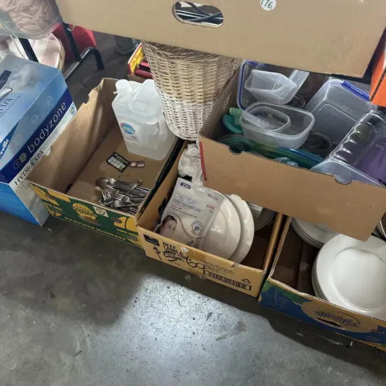 Large bay lot of plates, cutlery, cane basket and water etc.