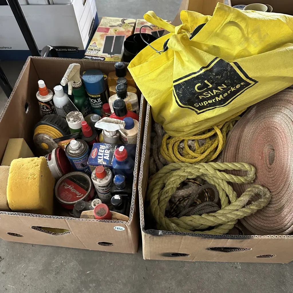 Two boxes including tow ropes, oils and car care products etc. Image 1++
