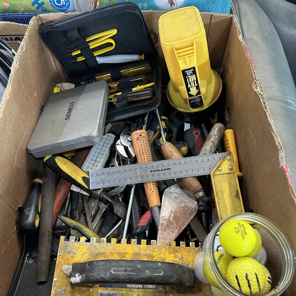 Box of tools and golf balls etc. Image 1++