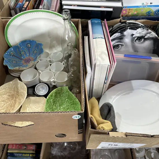 Two boxes English plates, wall plates and bottles etc.