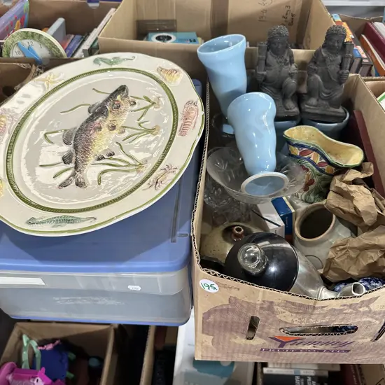 Pair of buddha, pottery, fish server etc.