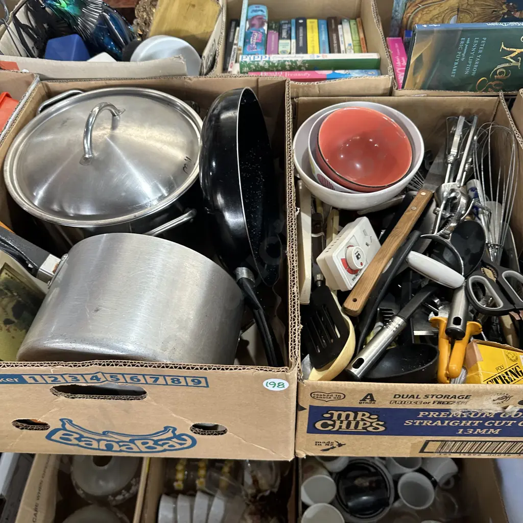 Two boxes cutlery and utensils, pots and frying pan etc. Image 1++