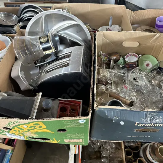 Two boxes Royal Albert china, silverware, toaster and glassware etc.