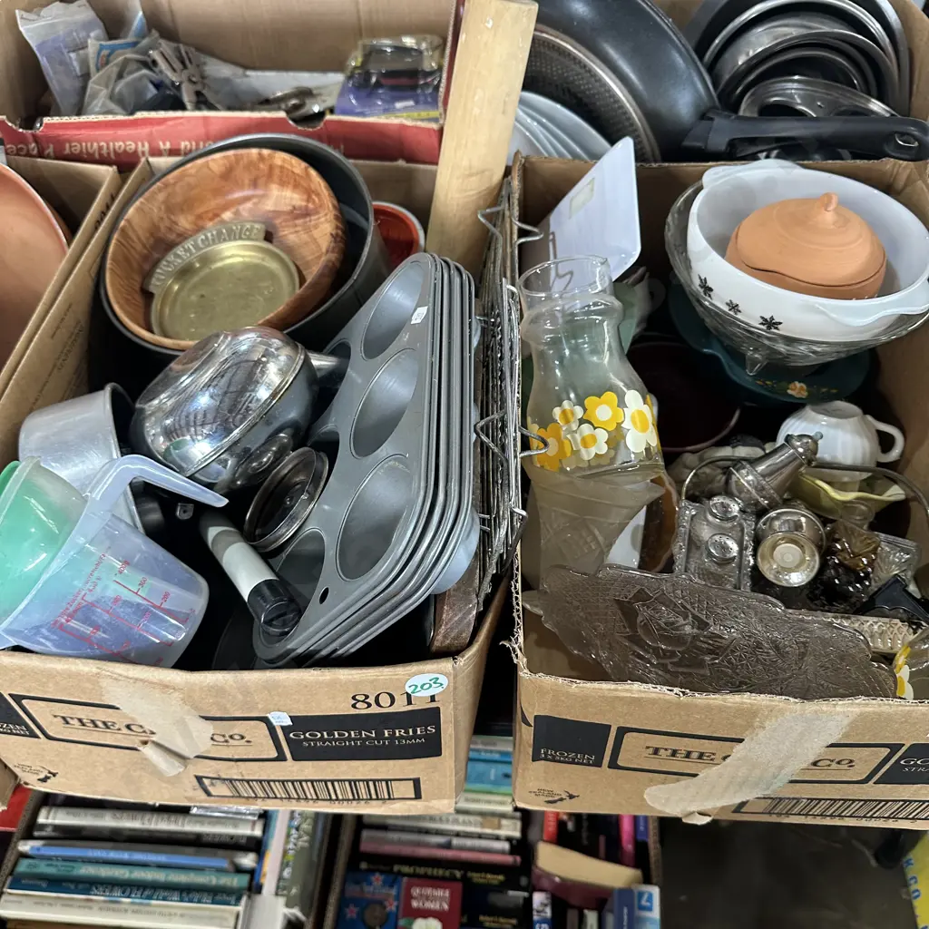 Two boxes bakeware, silverware, pottery etc. Image 1++