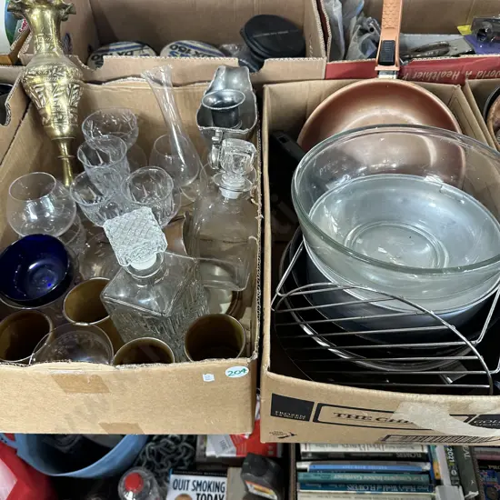 Two boxes brass vase, non-stick frying pan, decanters and silverware etc.