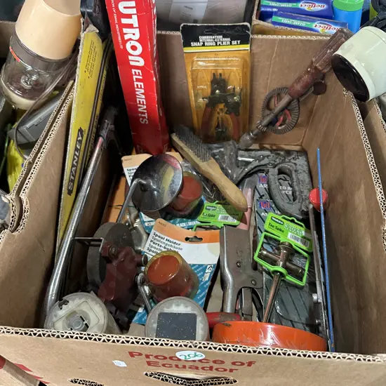 Box of tools and hardware including a new hot water cylinder element etc.