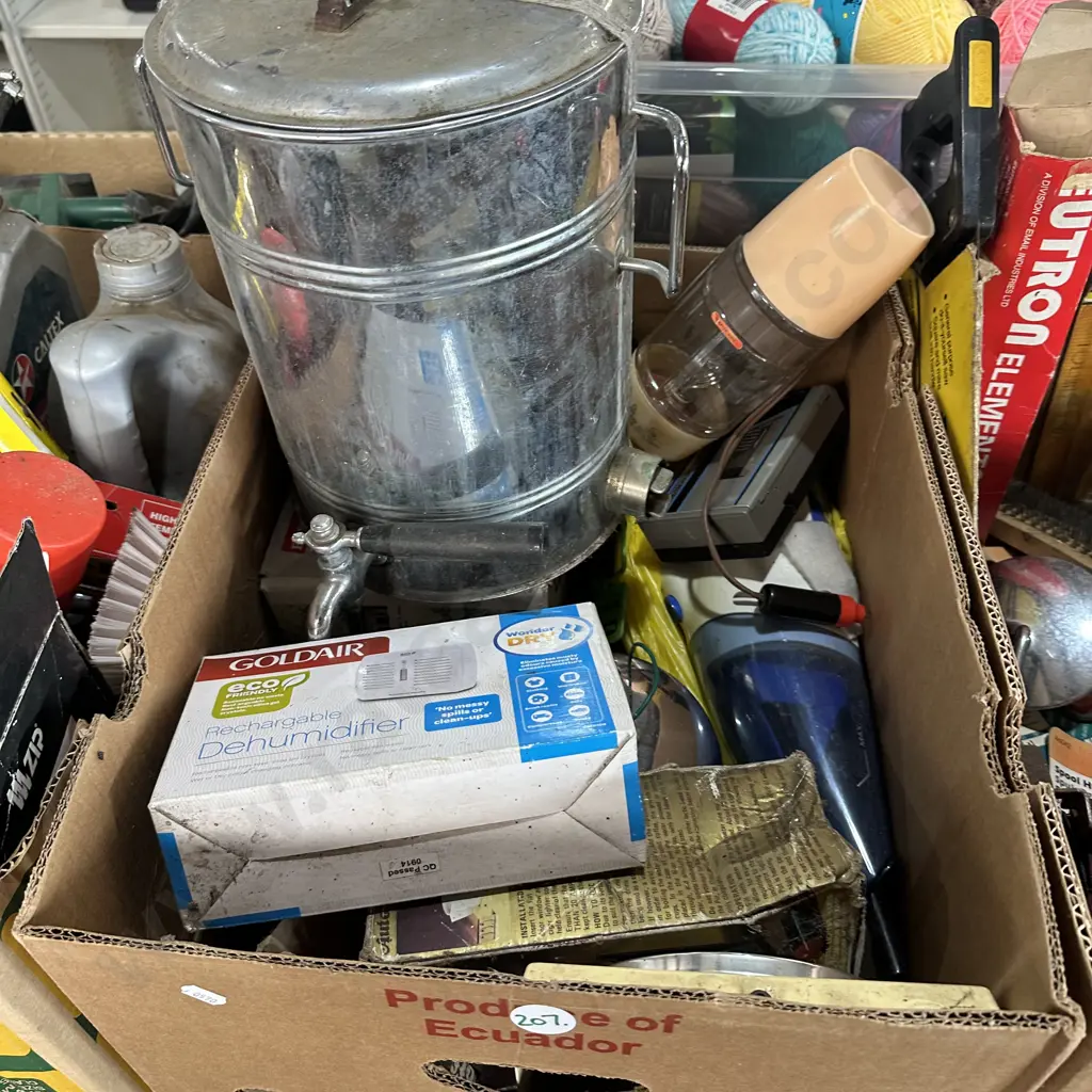 Box lot inclucing new rechargable dehumidifier, handy vac and inside aerial etc. Image 1++