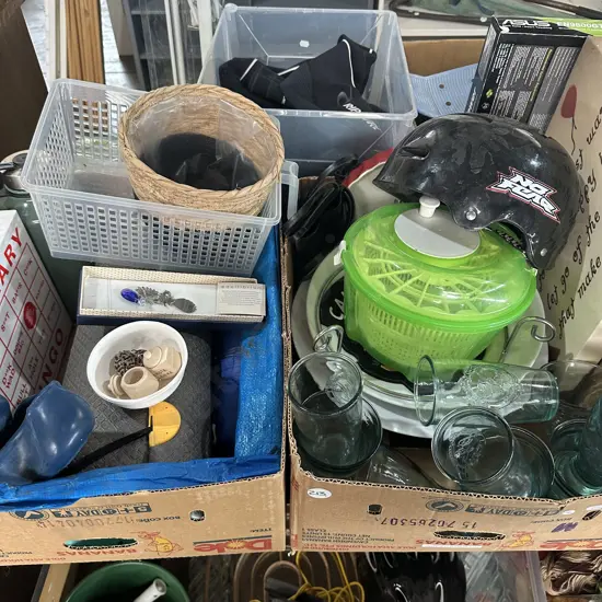 Two boxes bingo game, yoga roll, platters etc.