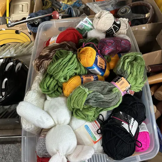 Bin full of acrylic and austrailian merino wool etc.