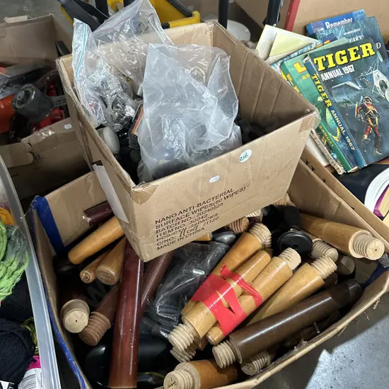 Two boxes of bed legs and castors etc.