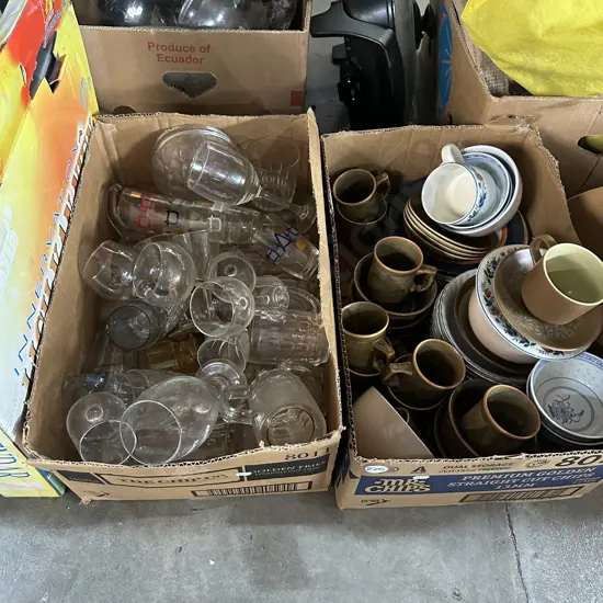 Two boxes of glassware, plates and cups including Temuka