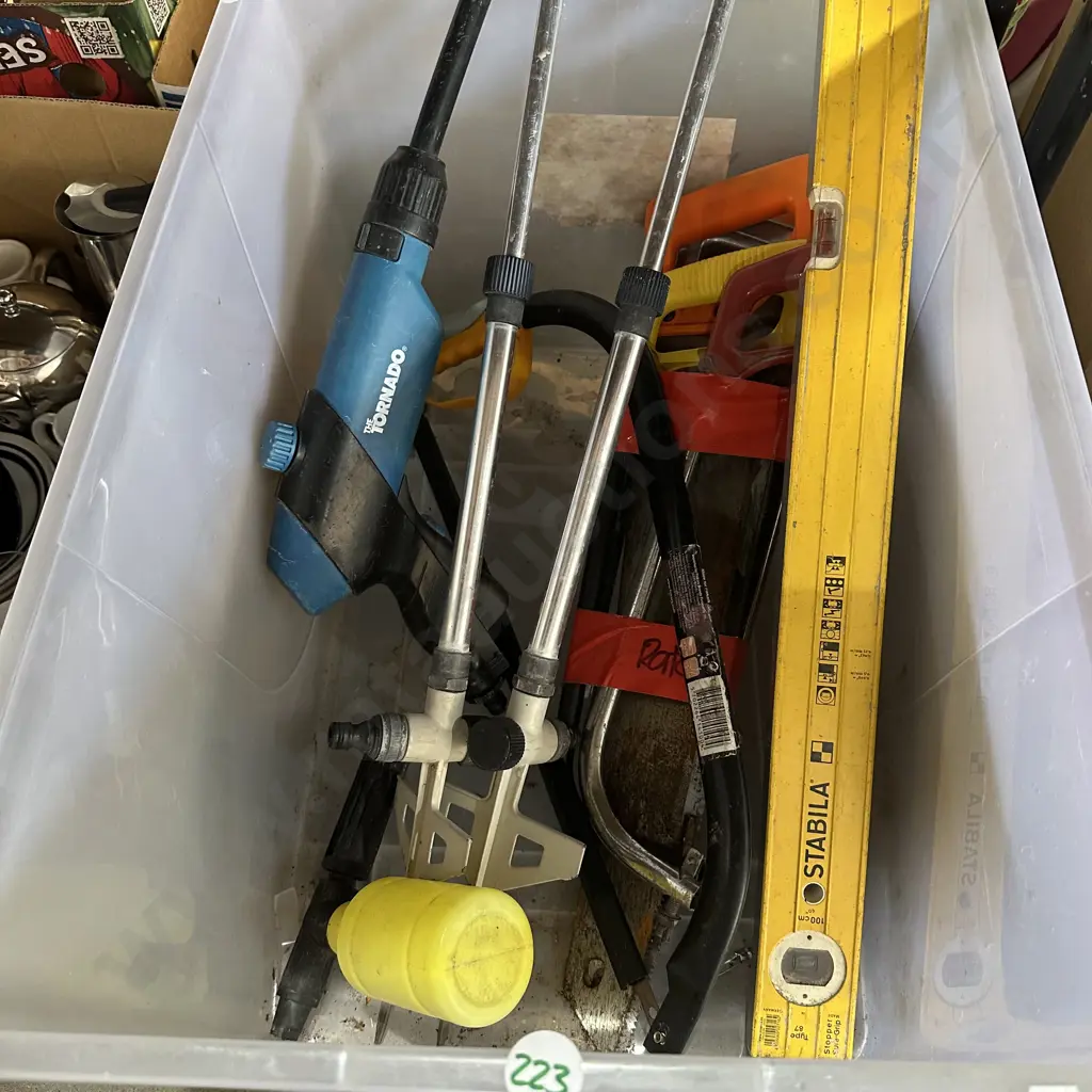 Bin of tools and water sprinklers etc. Image 1++