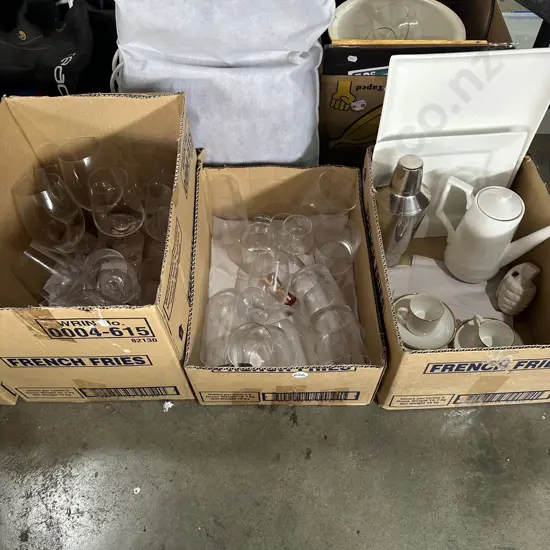 Three boxes glassware, cocktail shaker, Maxwell Williams servers etc.